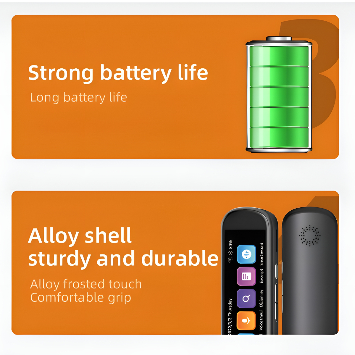 Zwei orangefarbene Tafeln mit Text und einem Gerät, das eine Batterie und ein Aufnahmegerät zeigt.
