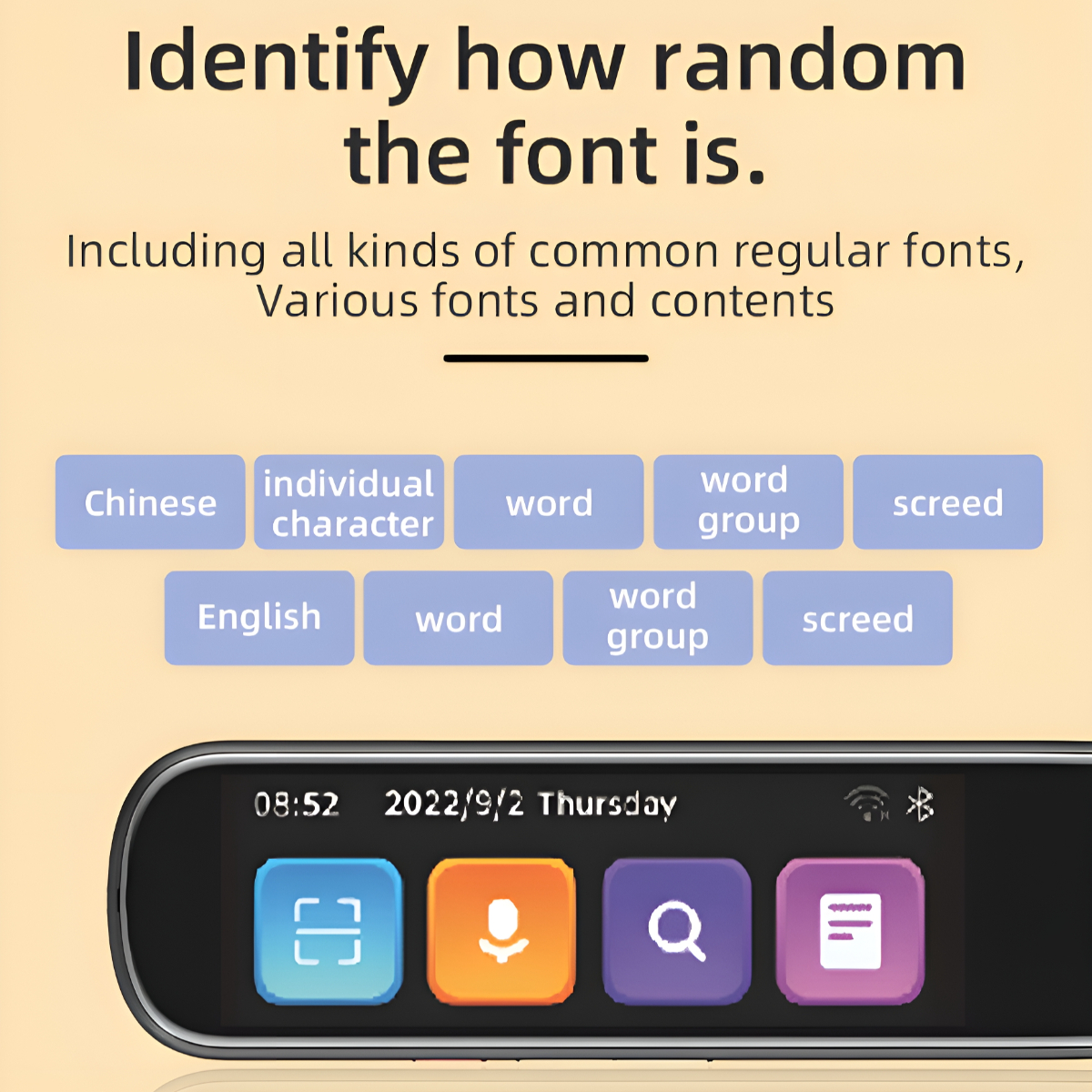 Ein digitales Gerätebildschirm mit Text, unten mehrere Symbole.