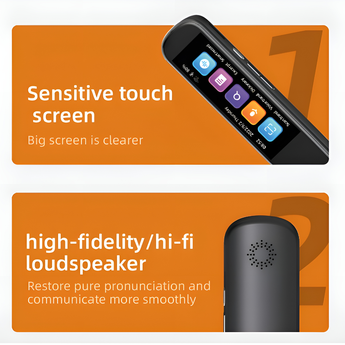Touchscreen-Übersetzer mit High-Fidelity-Lautsprecher. Zeigt Bildschirm mit Symbolen und schwarzen Lautsprecher.