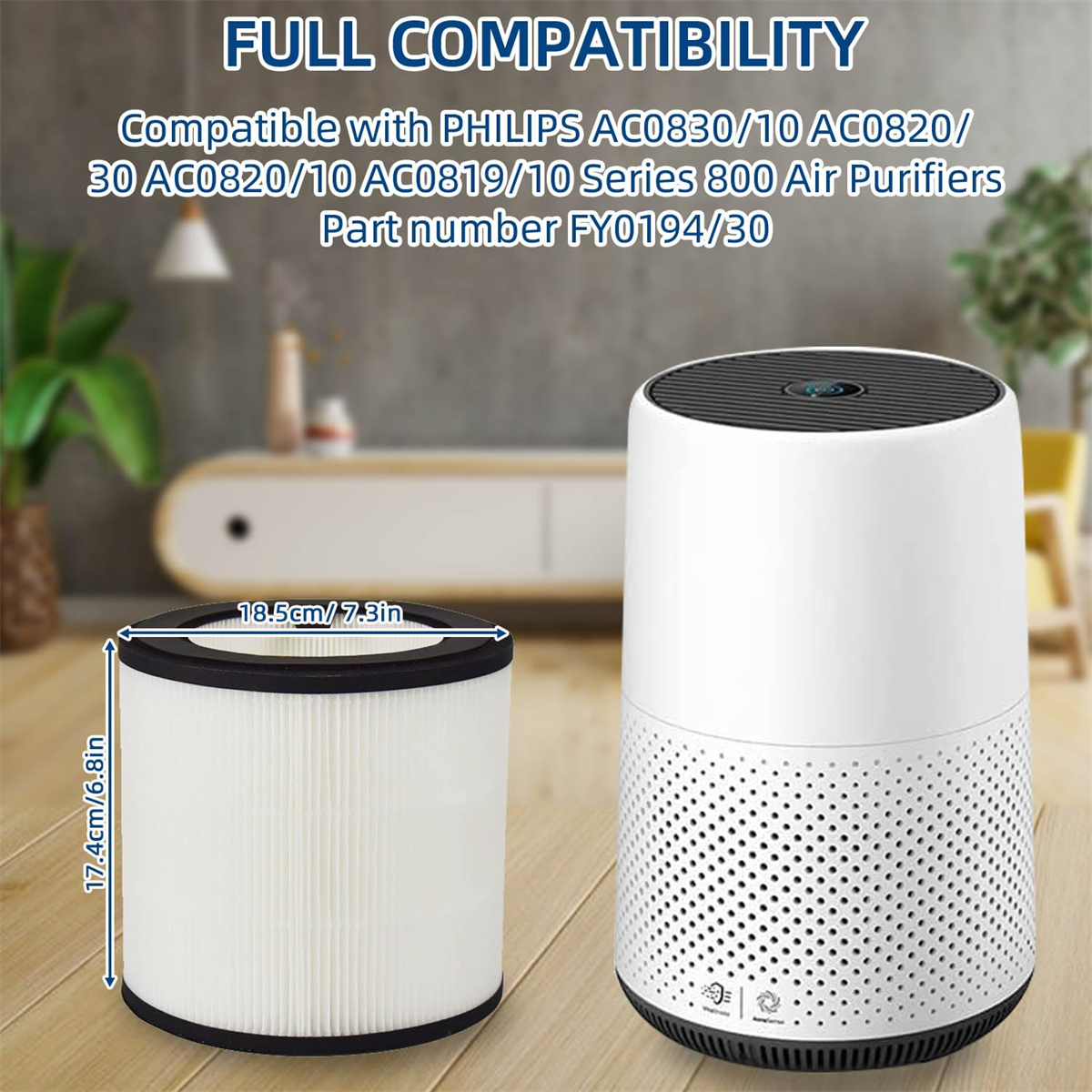 Ein Filter und Luftreiniger, mit Etiketten, die Abmessungen und Kompatibilität mit Philips-Luftreinigern detaillieren.