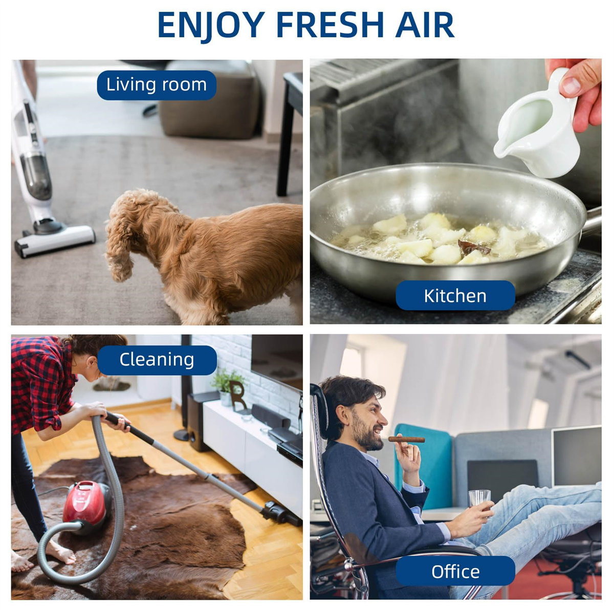 Collage: Staubsaugen, Hund, Kochen und Rauchen im Büro.
