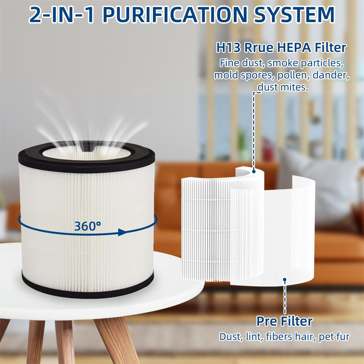 Ein zylindrischer Luftfilter und ein Vorfilter, mit Pfeilen, die Luftstrom und Filterung zeigen.