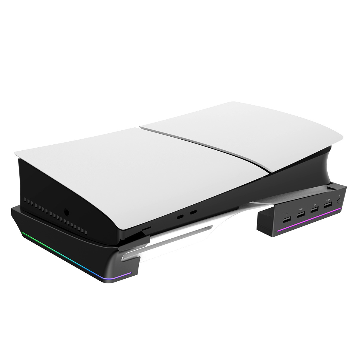 Eine weiß-schwarze Spielekonsole mit schwarzem Sockel und mehreren USB-Anschlüssen.