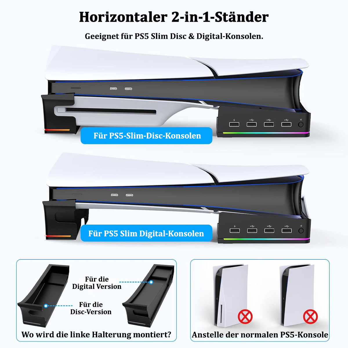 PS5-Ständer mit digitalen und Disc-Konsolenoptionen, weiß und schwarz.