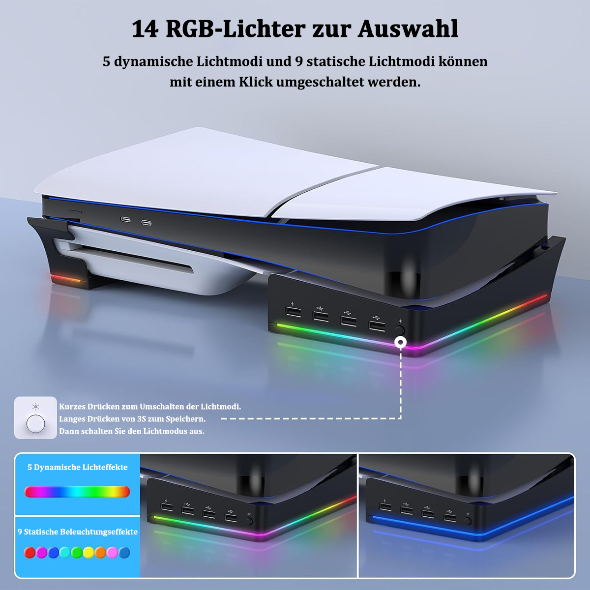 Schwarze Spielekonsolenbasis mit bunten Lichtern und verschiedenen Anschlussports.