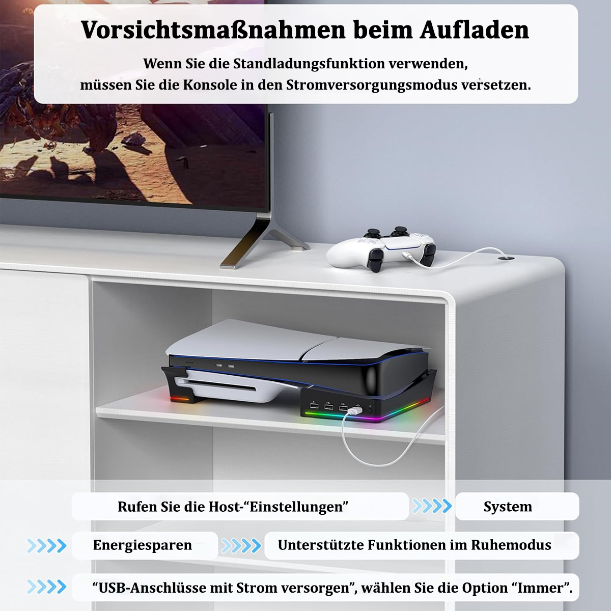 Weiße Konsole mit TV auf weißem Schrank. Text weist den Benutzer an, die Konsole auf den Energiemodus zu stellen.