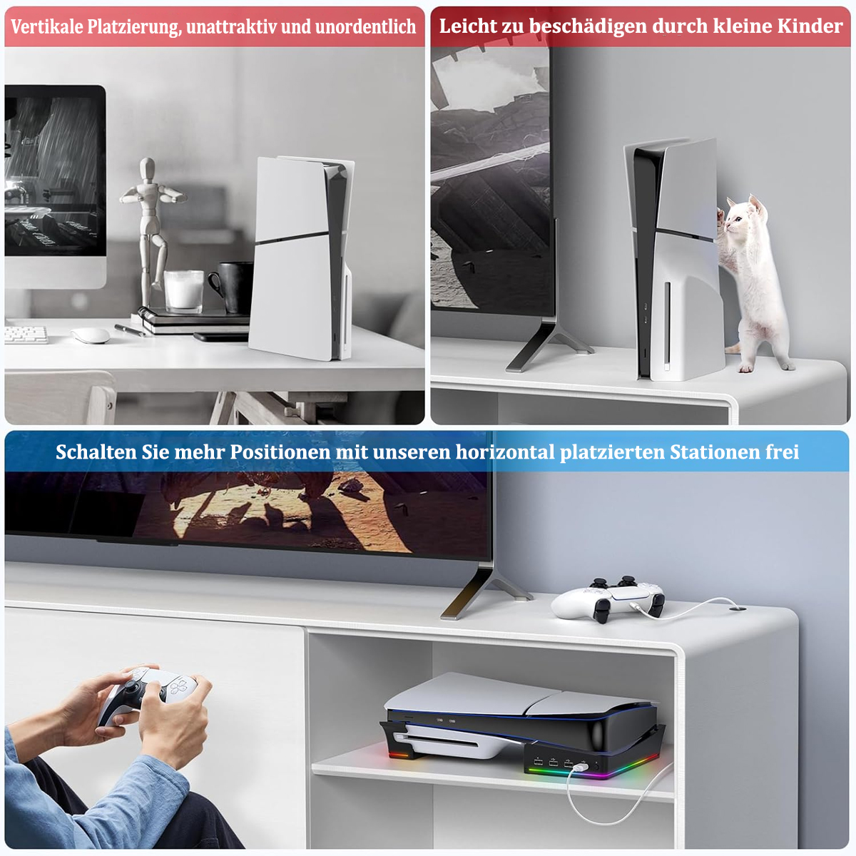 Bilder, die eine Spielkonsole in verschiedenen Setups zeigen. Text zeigt vertikale und horizontale Platzierung.