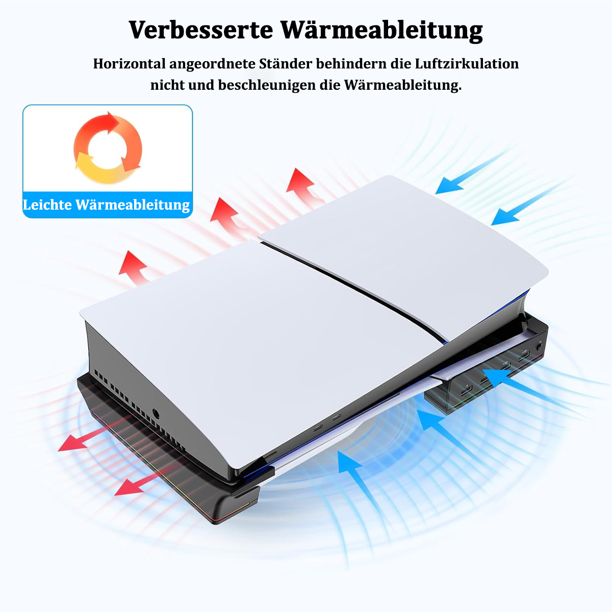 Eine weiße Konsole mit schwarzem Sockel, einem Lüfter und Text zur Wärmeableitung. Rote und blaue Pfeile zeigen den Luftstrom.