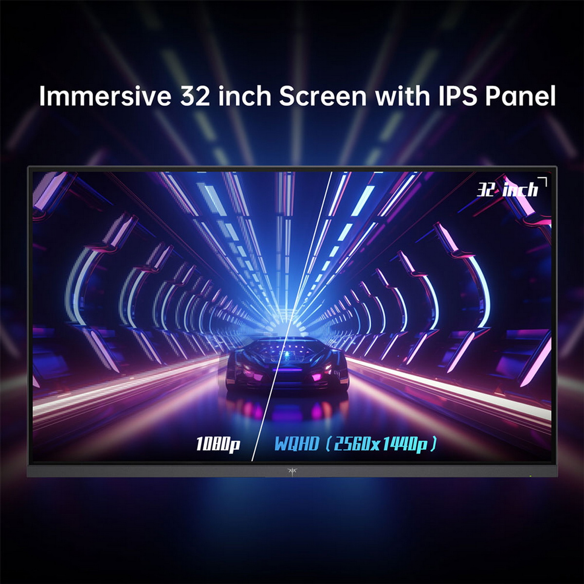 Duży monitor komputera wyświetla futurystyczną scenę z samochodem w tunelu. Tekst to 1080p i WQHD.