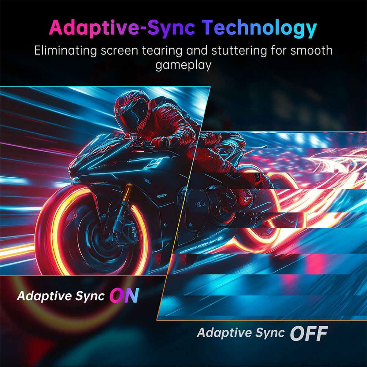 Grafika motocykla z etykietami Adaptive-Sync ON/OFF. Niebieskie i czerwone efekty świetlne.