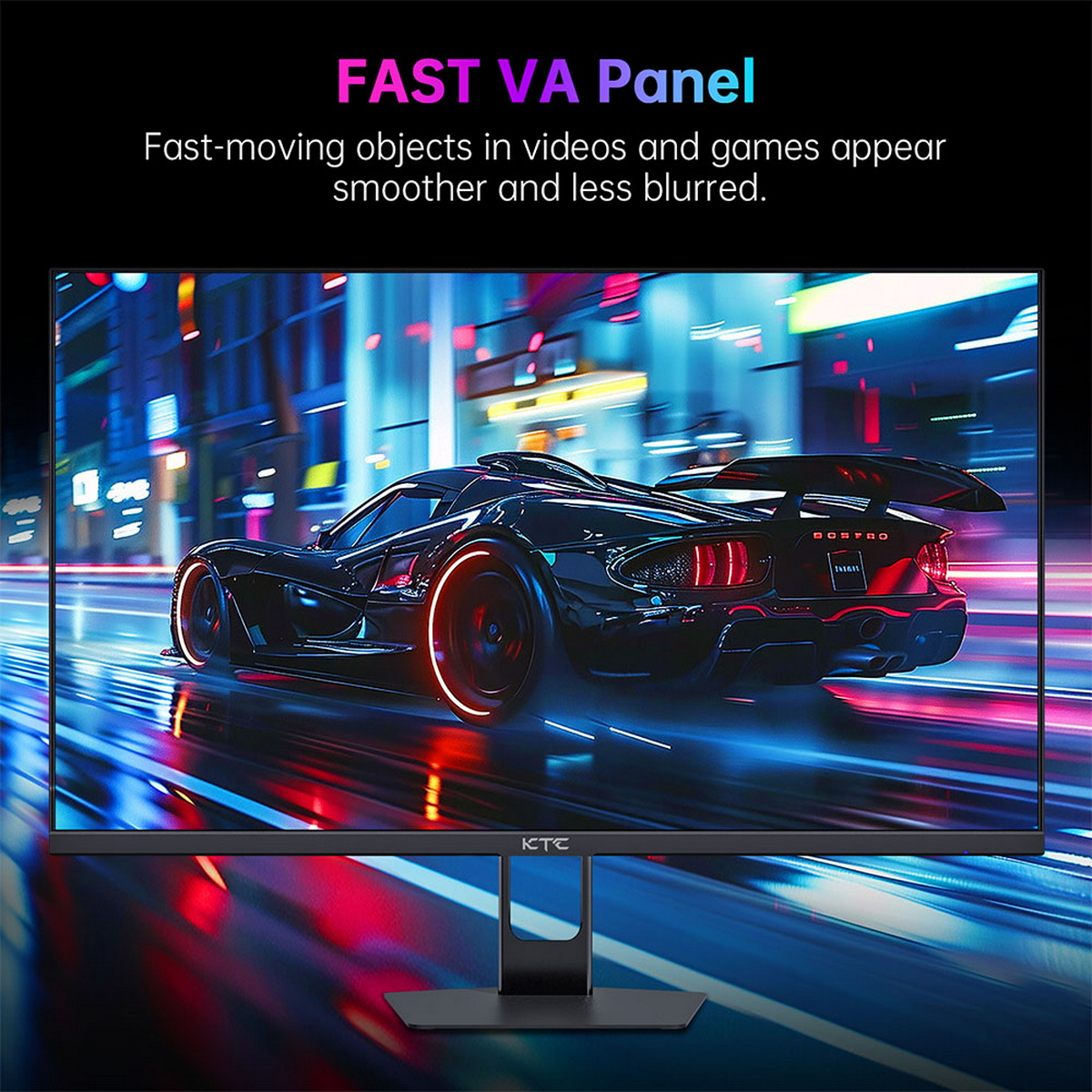 Ein Computermonitor zeigt ein Auto, das nachts Rennen fährt. Text: SCHNELLES VA-Panel.