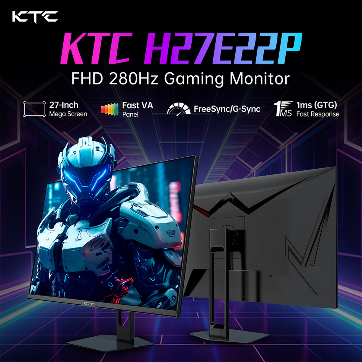 Gaming-Monitor mit futuristischem Design. Der Bildschirm zeigt eine Spielszene. KTC-Markenname und Spezifikationen.