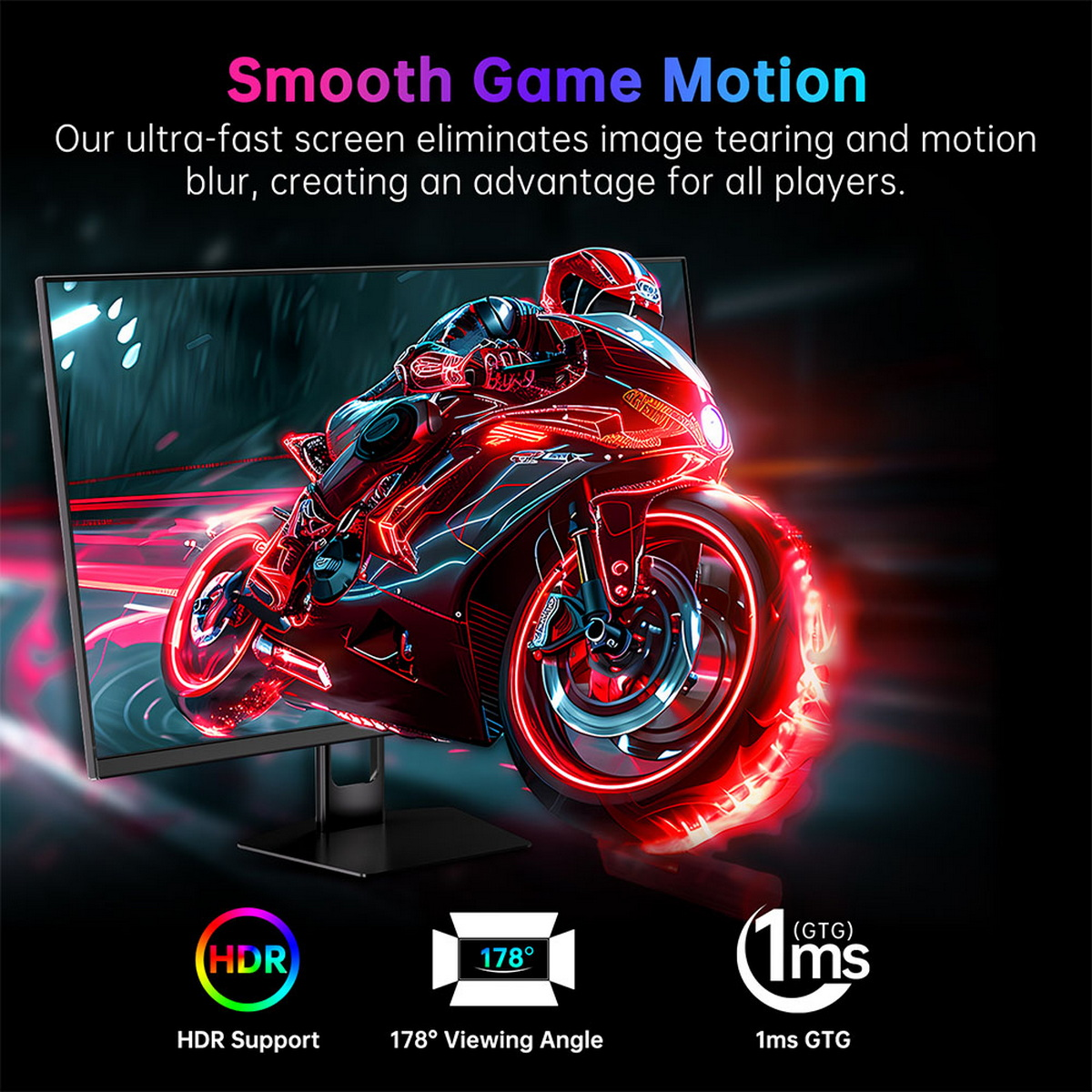 Monitor do gier pokazujący grę wyścigową motocykli. Posiada HDR, kąt widzenia 178° i czas reakcji 1 ms.