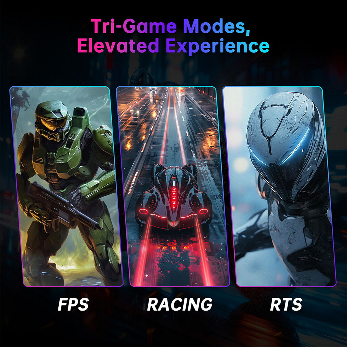 Trzy ekrany gier: FPS, Racing i RTS. Grafika przedstawia żołnierza, samochód wyścigowy i futurystyczną postać.