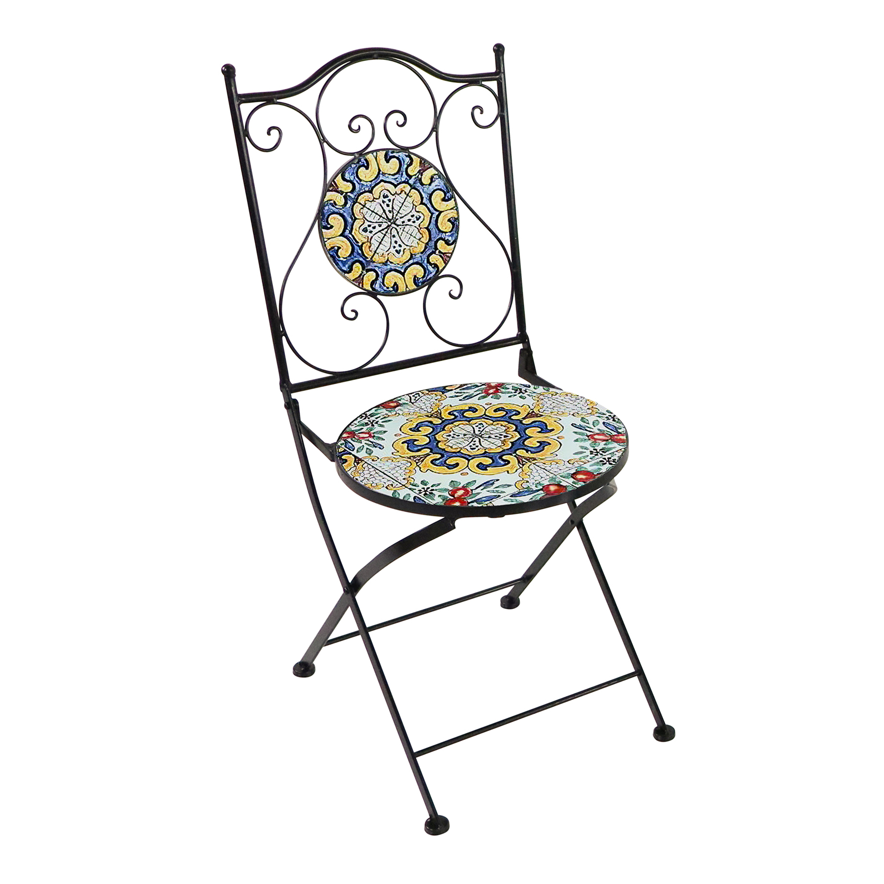 Schwarzer, klappbarer Stuhl mit buntem Mosaiksitz und -rücken. Der Stuhl hat ein Metallgestell und weißen Hintergrund.