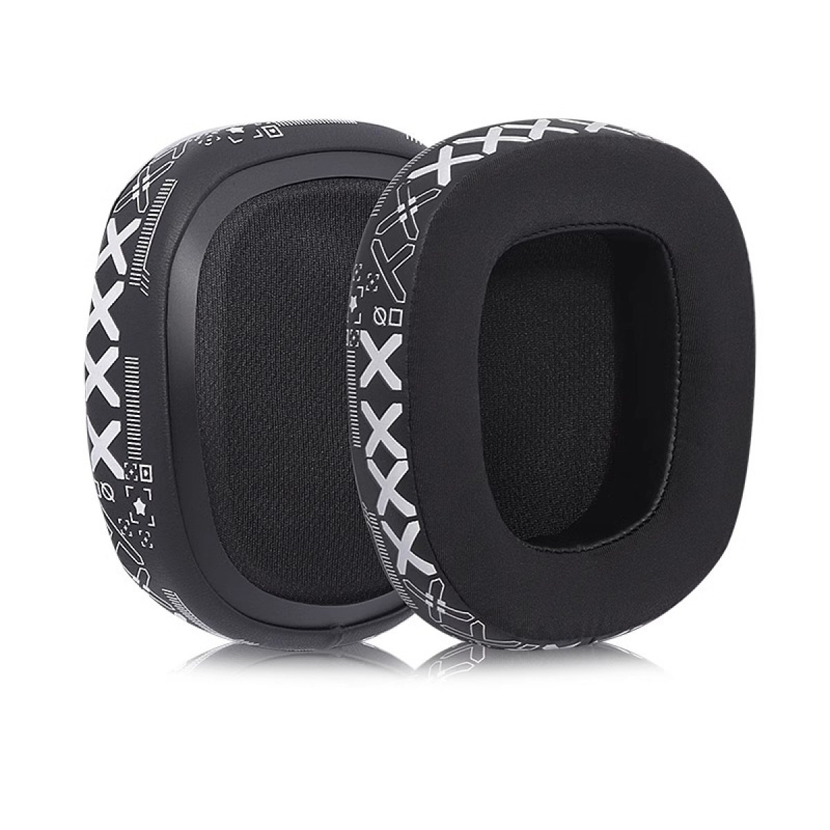 Cuscinetti auricolari neri per cuffie con motivi a croce e geometrici bianchi.