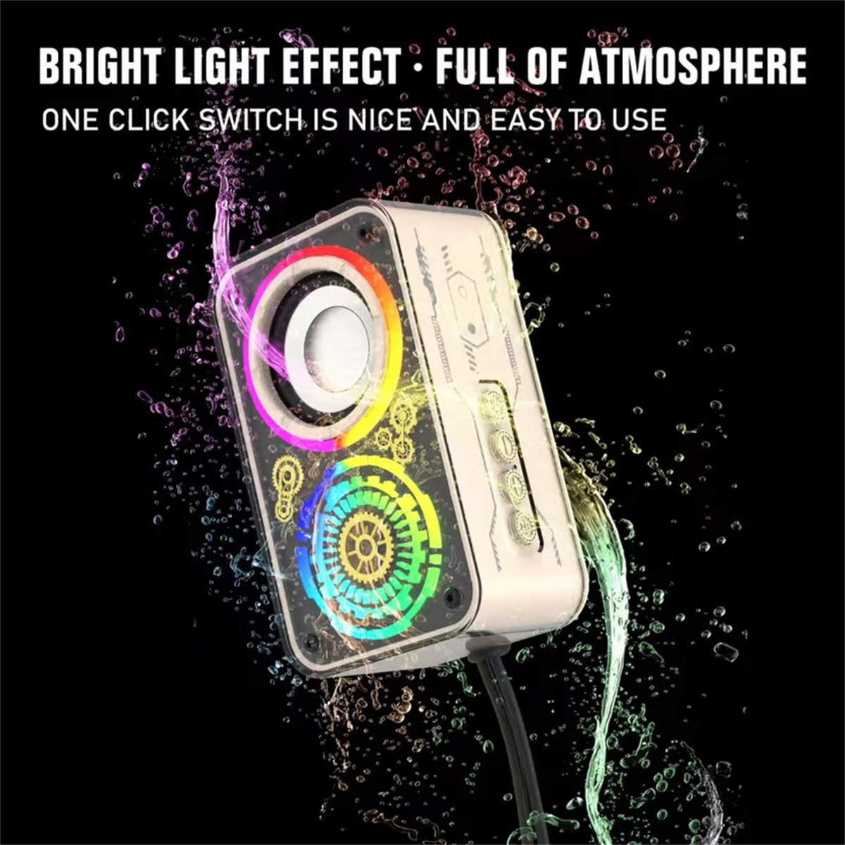 Kleiner Lautsprecher mit bunten Lichtern, Wassertropfen und Text: 'Bright Light Effect. Full of Atmosphere'.