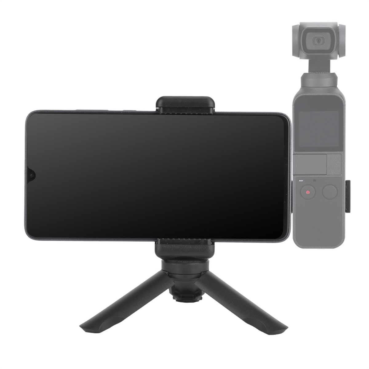 Schwarzes Smartphone auf einem Stativ mit Kamera. Weißer Hintergrund.