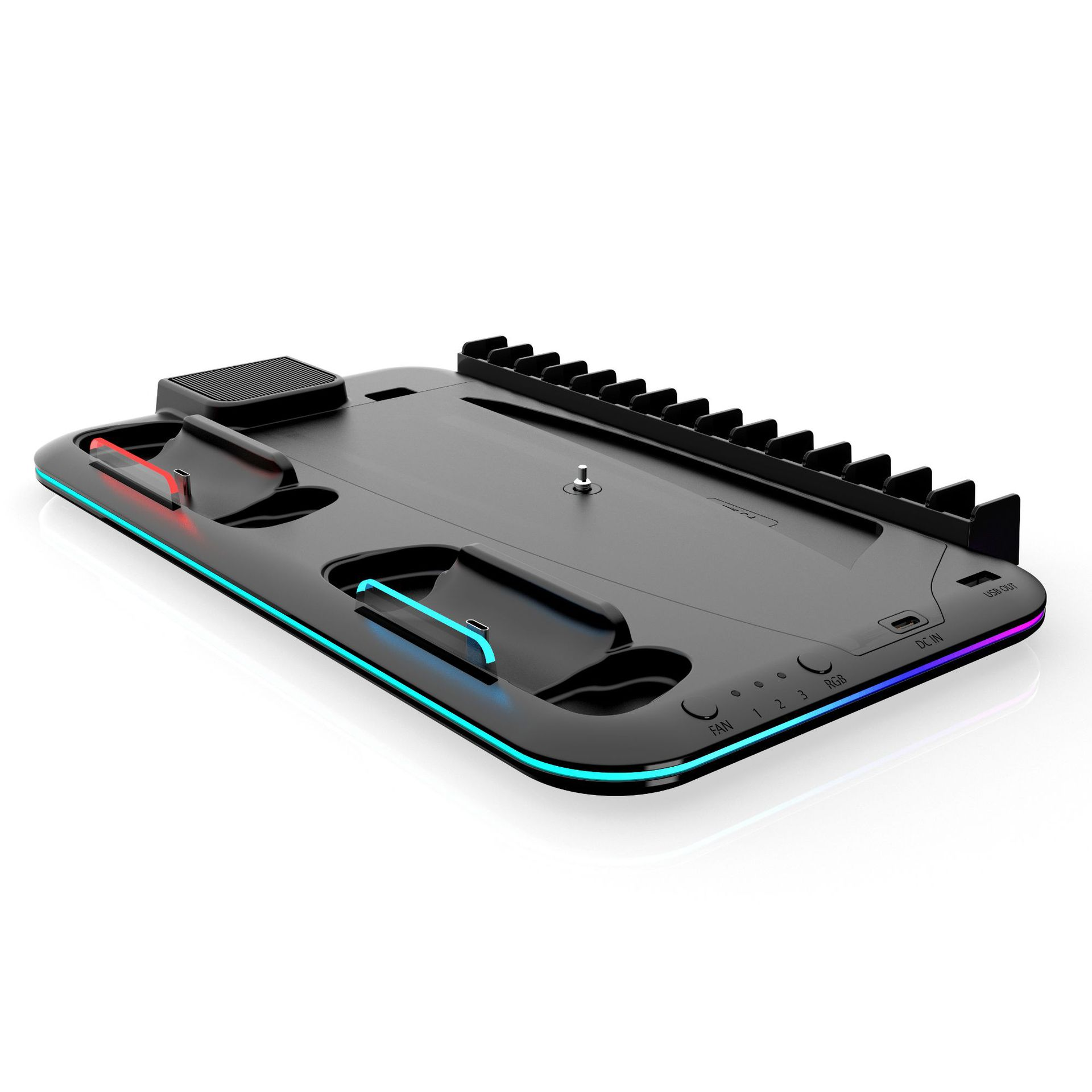 Ein schwarzer Spielkonsolenständer mit RGB-Beleuchtung und Steckplätzen für Controller.