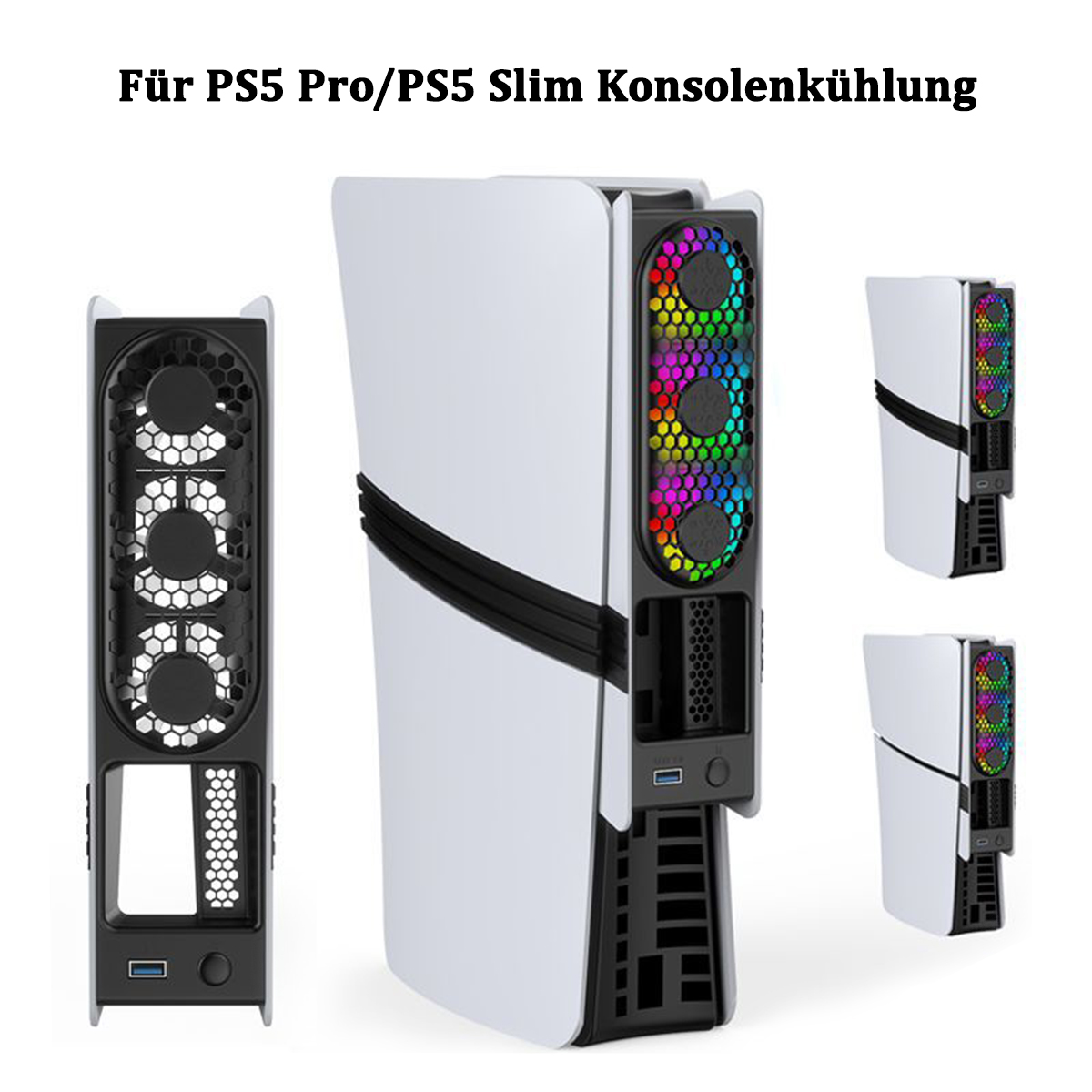 Weißer Konsolenkühler mit RGB-Beleuchtung. Mehrere Ansichten, Text: 'Für PS5 Pro/PS5 Slim Konsolenkühlung'.