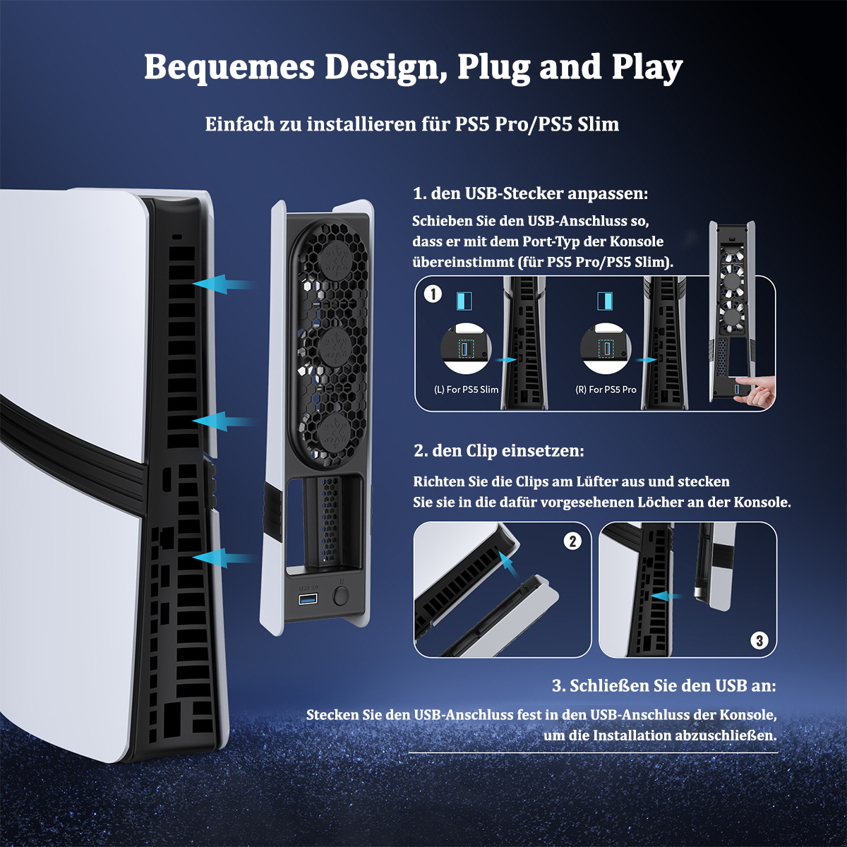Diagramm zur Installation eines PS5 Slim-Lüfters. Anweisungen und Komponenten sind sichtbar.