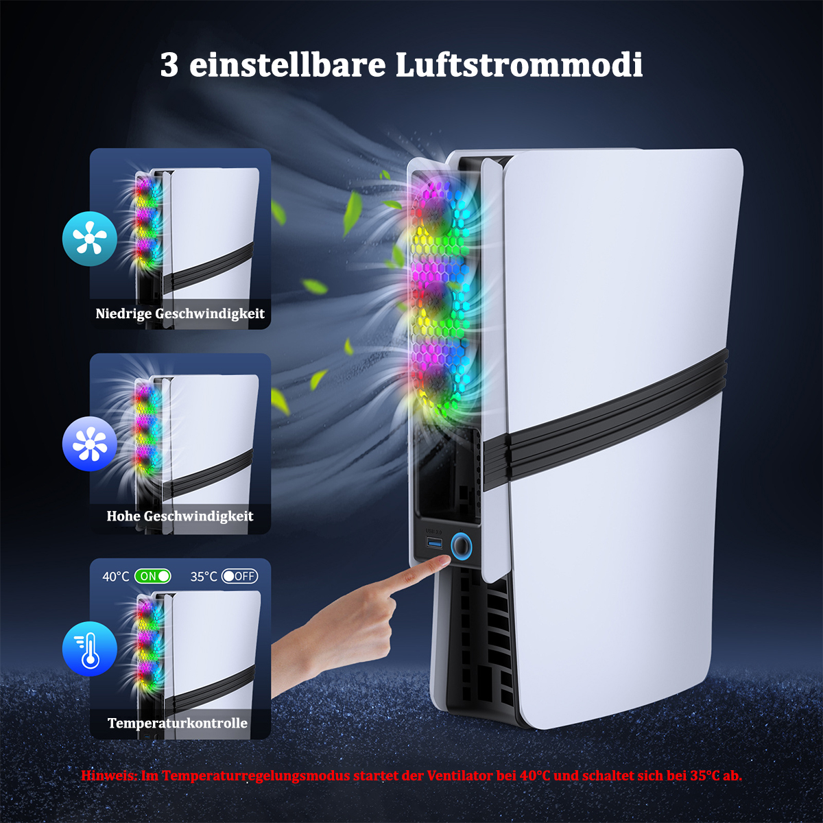 Ein weißes Gerät mit Ventilator, drei Luftstrommodi und eine Hand drückt eine Taste.