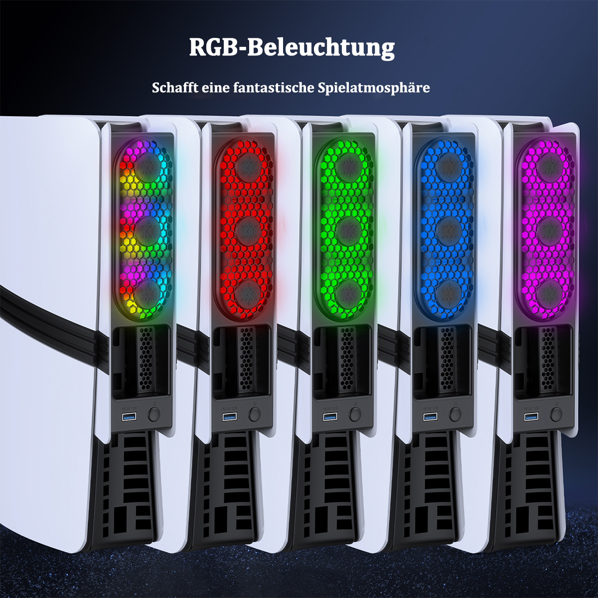 Sechs weiße Spielkonsolen mit bunten RGB-Lichtern, Seitenansicht, die eine lebendige Anzeige erzeugen.