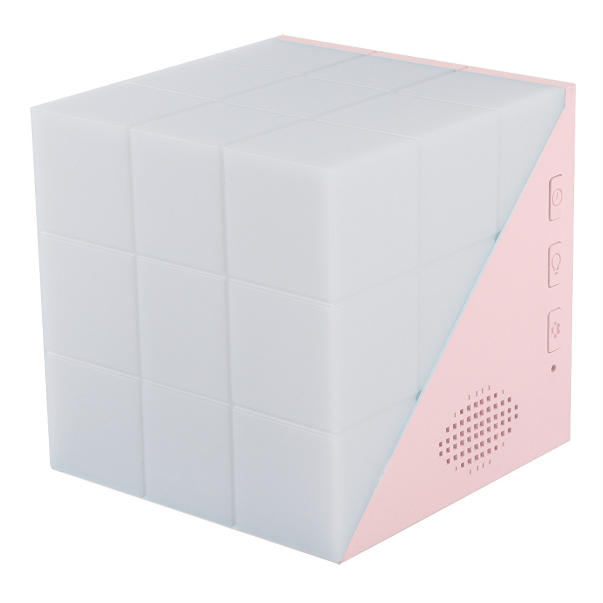 Ein würfelförmiger Lautsprecher in Rosa und Weiß. Er hat Knöpfe und einen Lautsprecher.