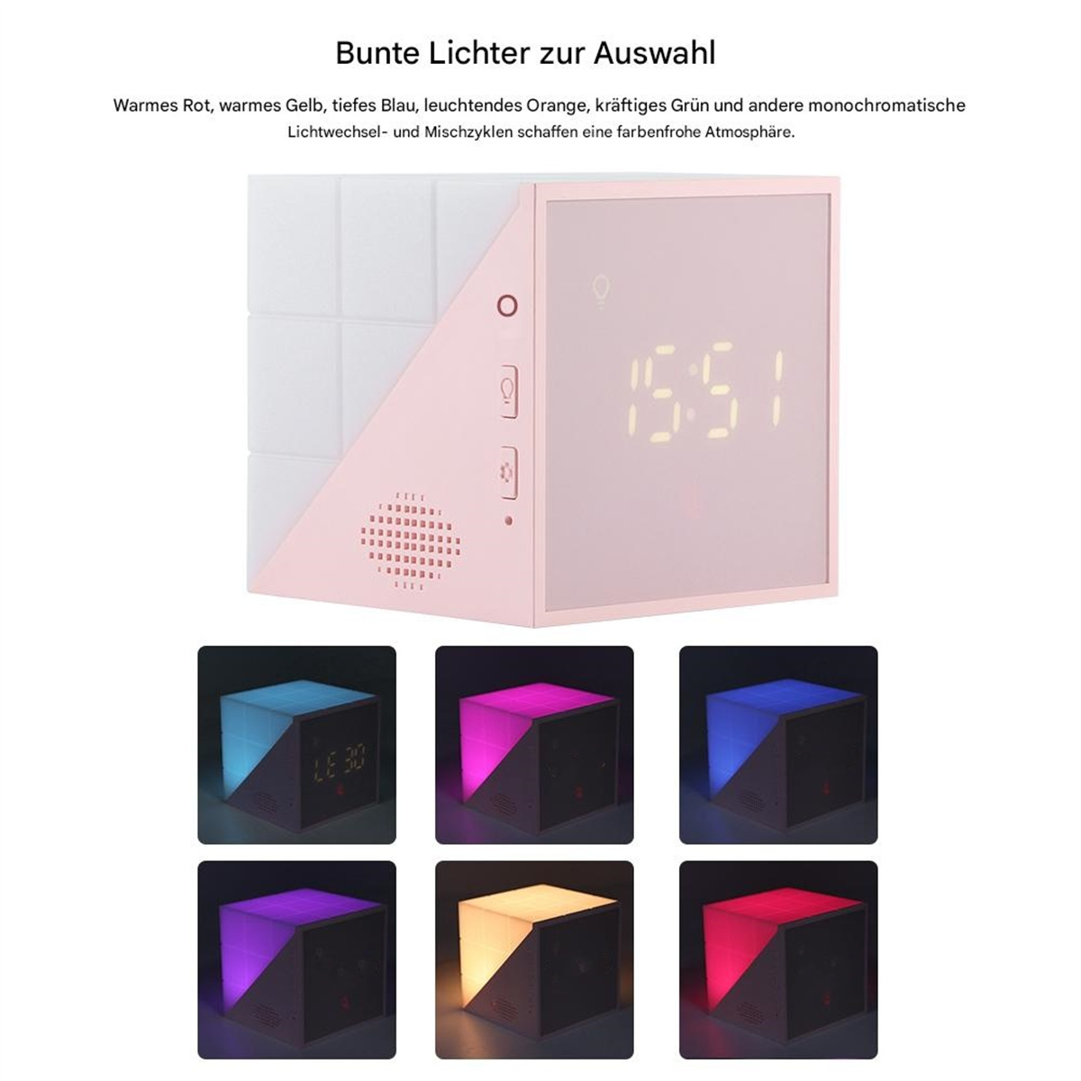 Rosa würfelförmiger Wecker mit digitaler Anzeige der Uhrzeit und mehreren Farboptionen.