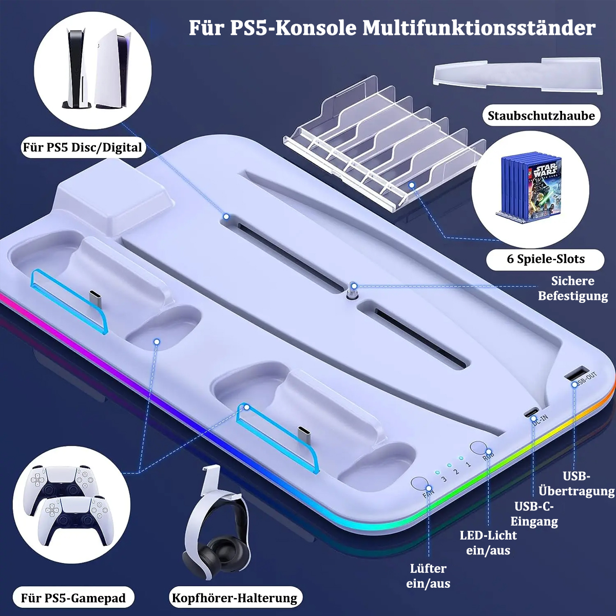 Ein weißer PS5-Konsolenständer mit Steckplätzen für Controller, Spiele, Headset und Lüfter.