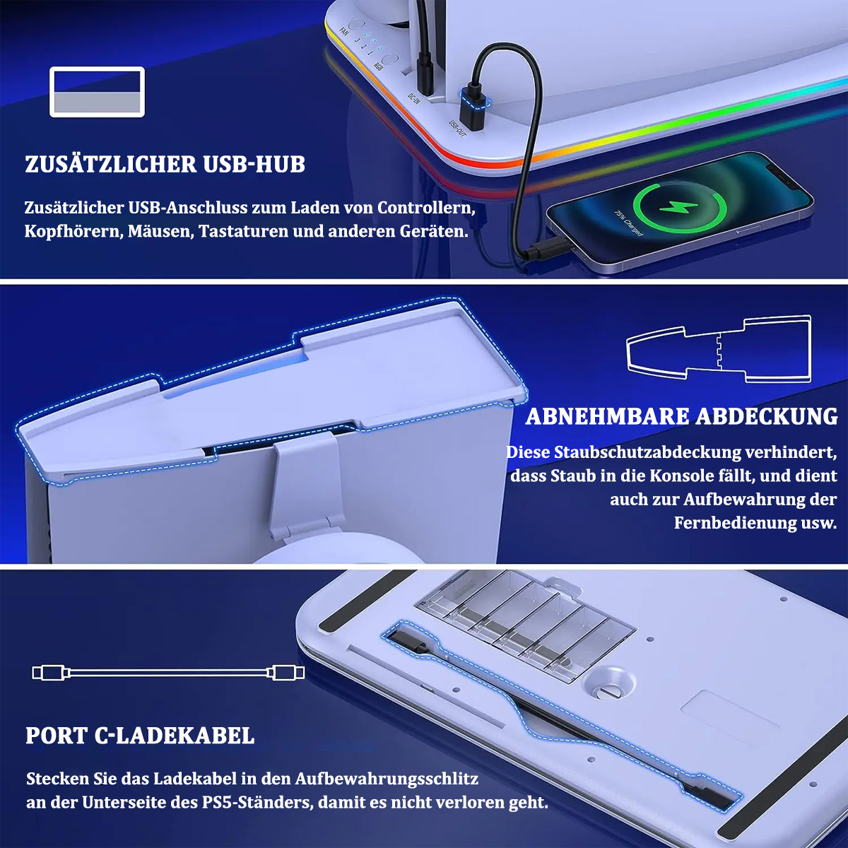 Ein elektronisches Gerät mit USB-Hub, abnehmbarer Abdeckung und Anschluss für das Ladekabel.
