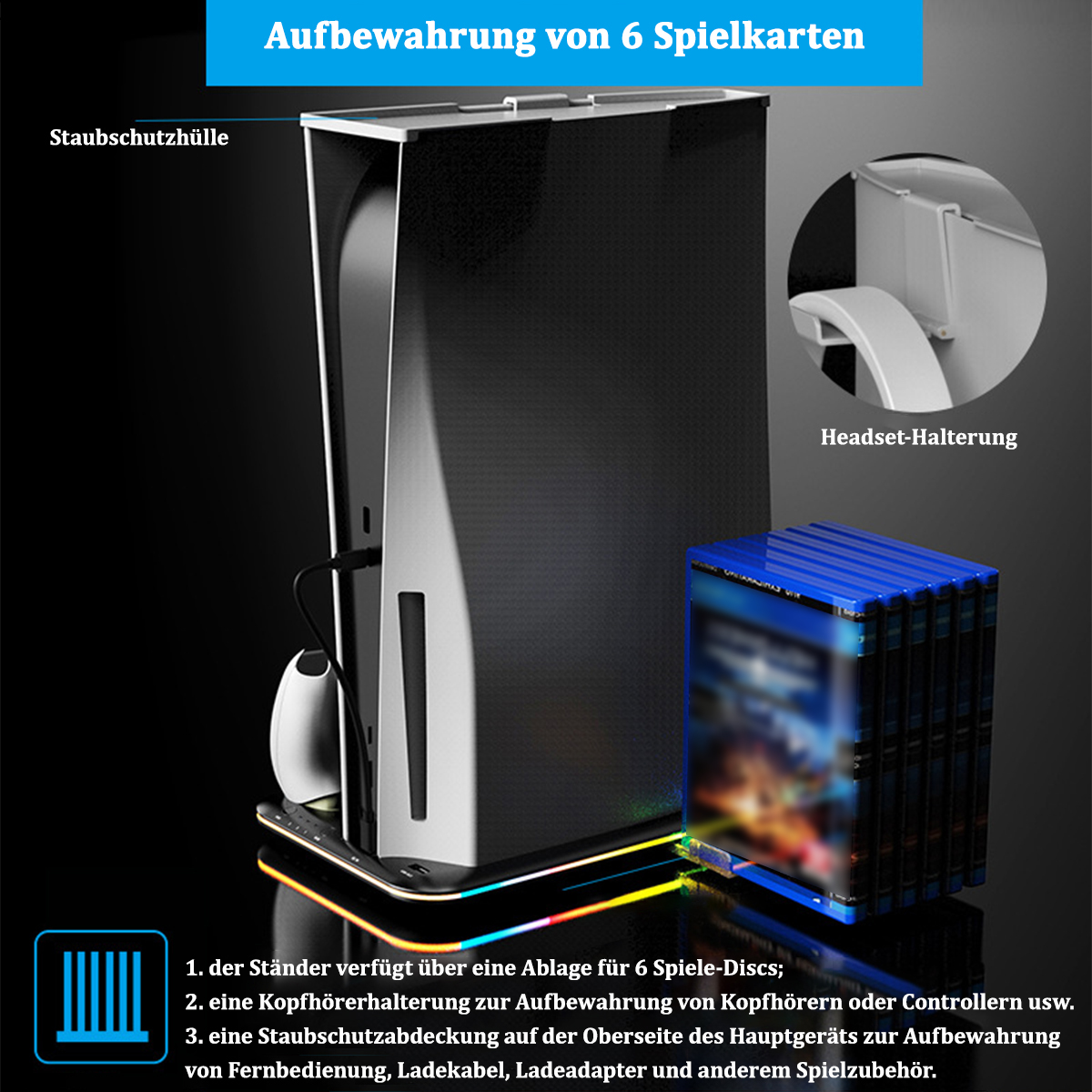 Schwarzer Spielkonsolenständer mit Spiel-Discs und einem Controller.