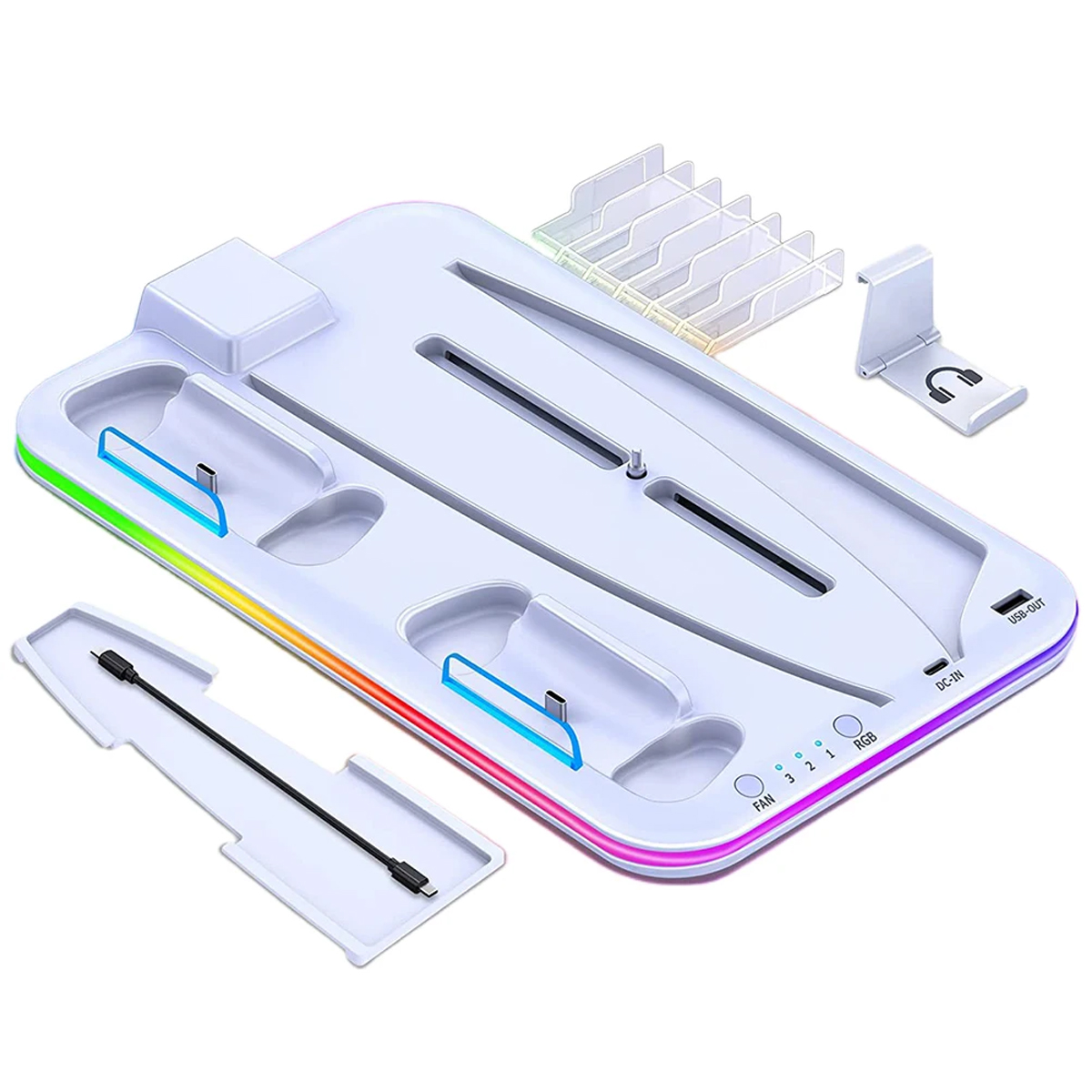 Weiße Ladestation für Spielgeräte mit mehreren Steckplätzen und RGB-Beleuchtung.