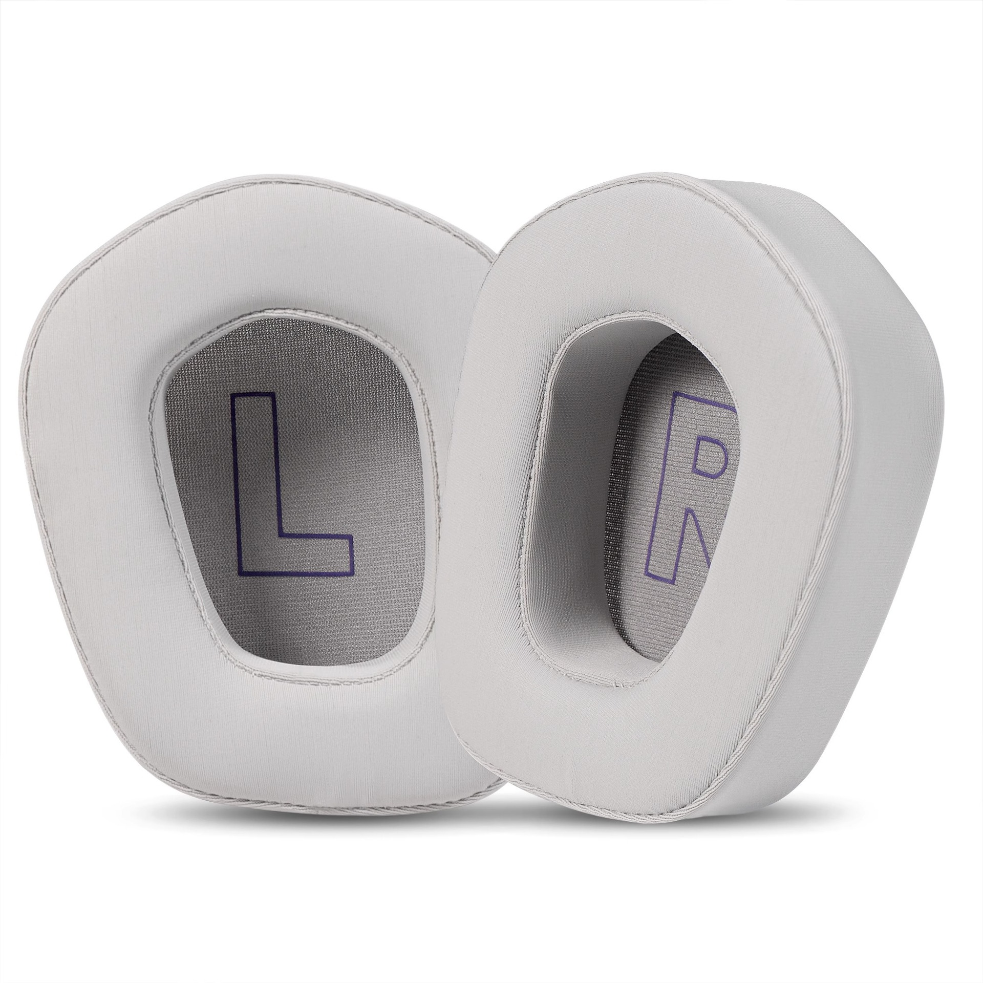 Cuscinetti auricolari bianchi con le lettere L e R viola all'interno.