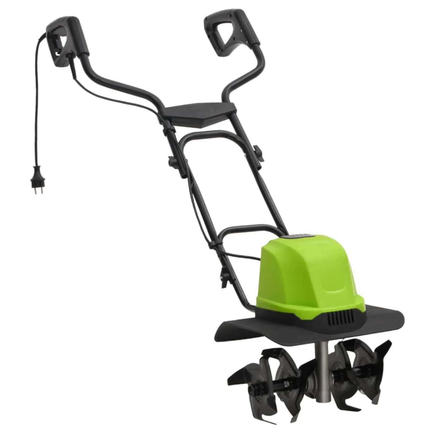 Grüner und schwarzer Gartenfräse. Verfügt über ein grünes Motorgehäuse und schwarze Zinken.
