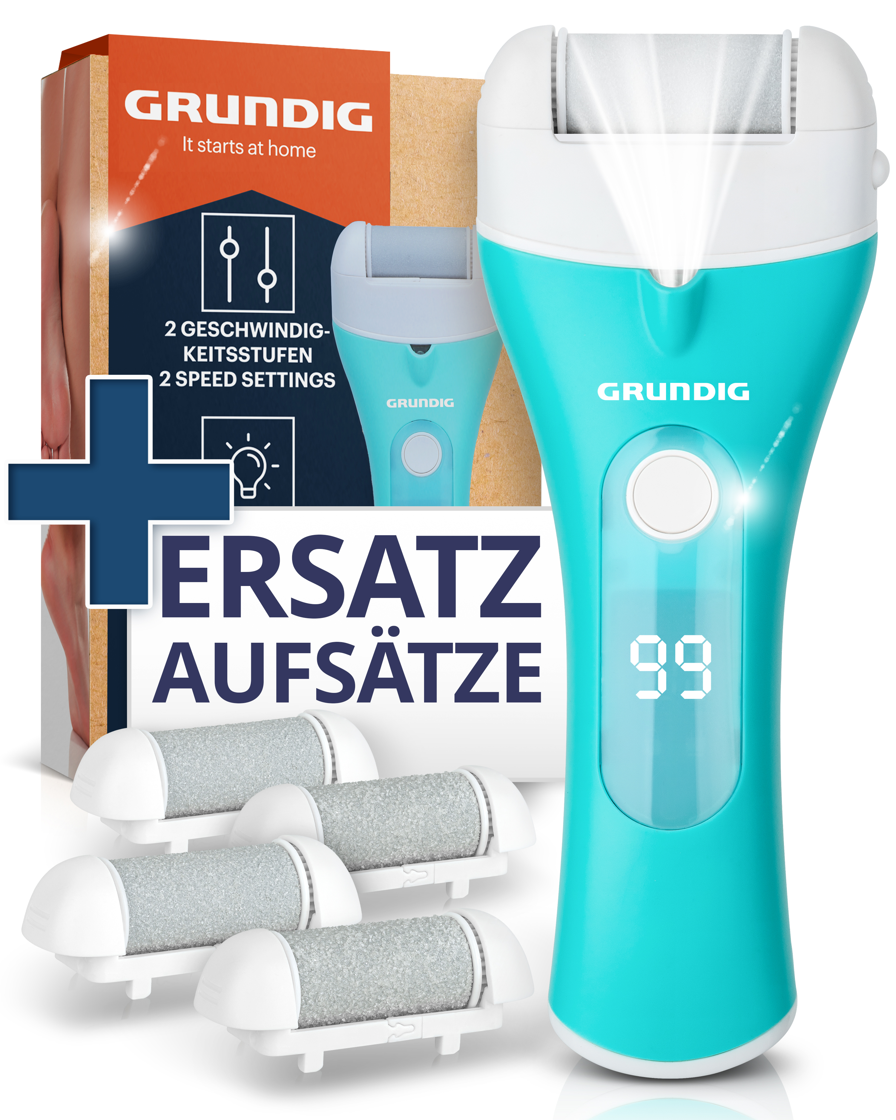 Elektrische Fußfeile mit Ersatzköpfen. Türkiser Körper, weiße Köpfe, Box mit Fußbild, Text.