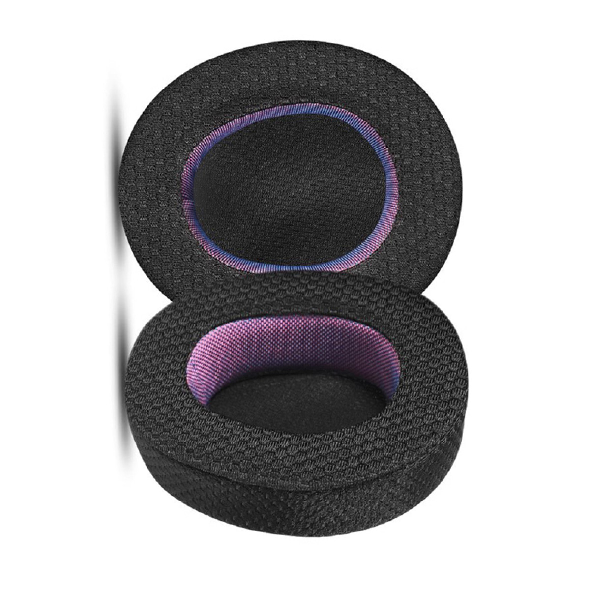 Dwie czarne nauszniki, jedna w drugiej. Różowa i niebieska siatka wewnątrz.