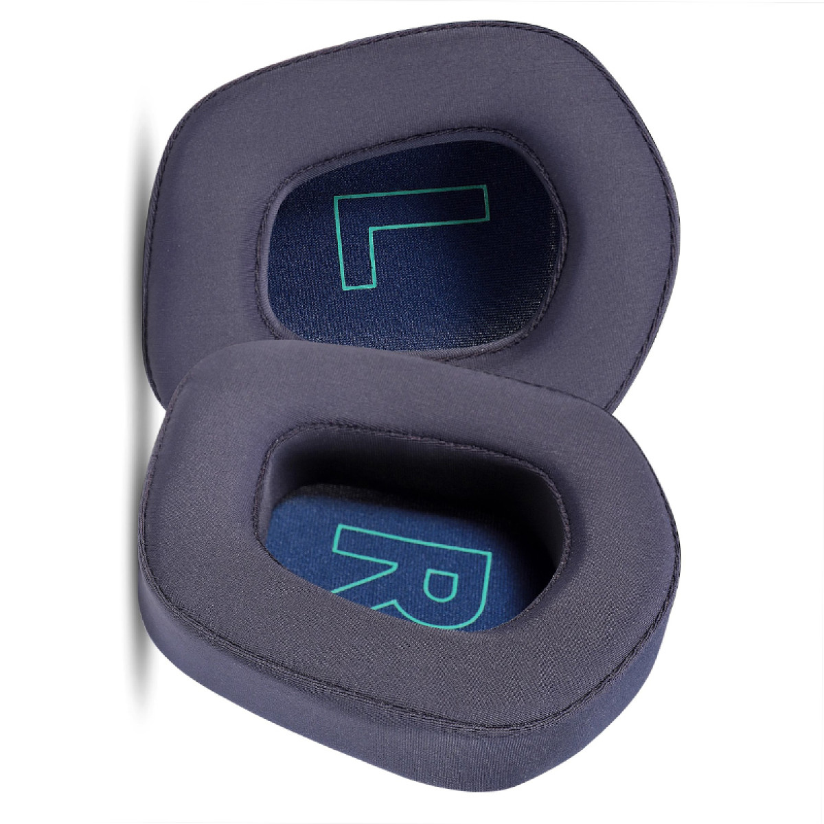 Twee grijze oorkussens. Elk heeft een donkerblauw midden met een groene letter 'L' of 'R'.