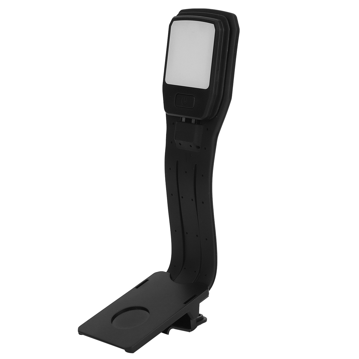 Schwarze, verstellbare LED-Buchleuchte, die an einem Buch befestigt ist. Sie hat einen flexiblen Hals und ein Lichtpaneel.
