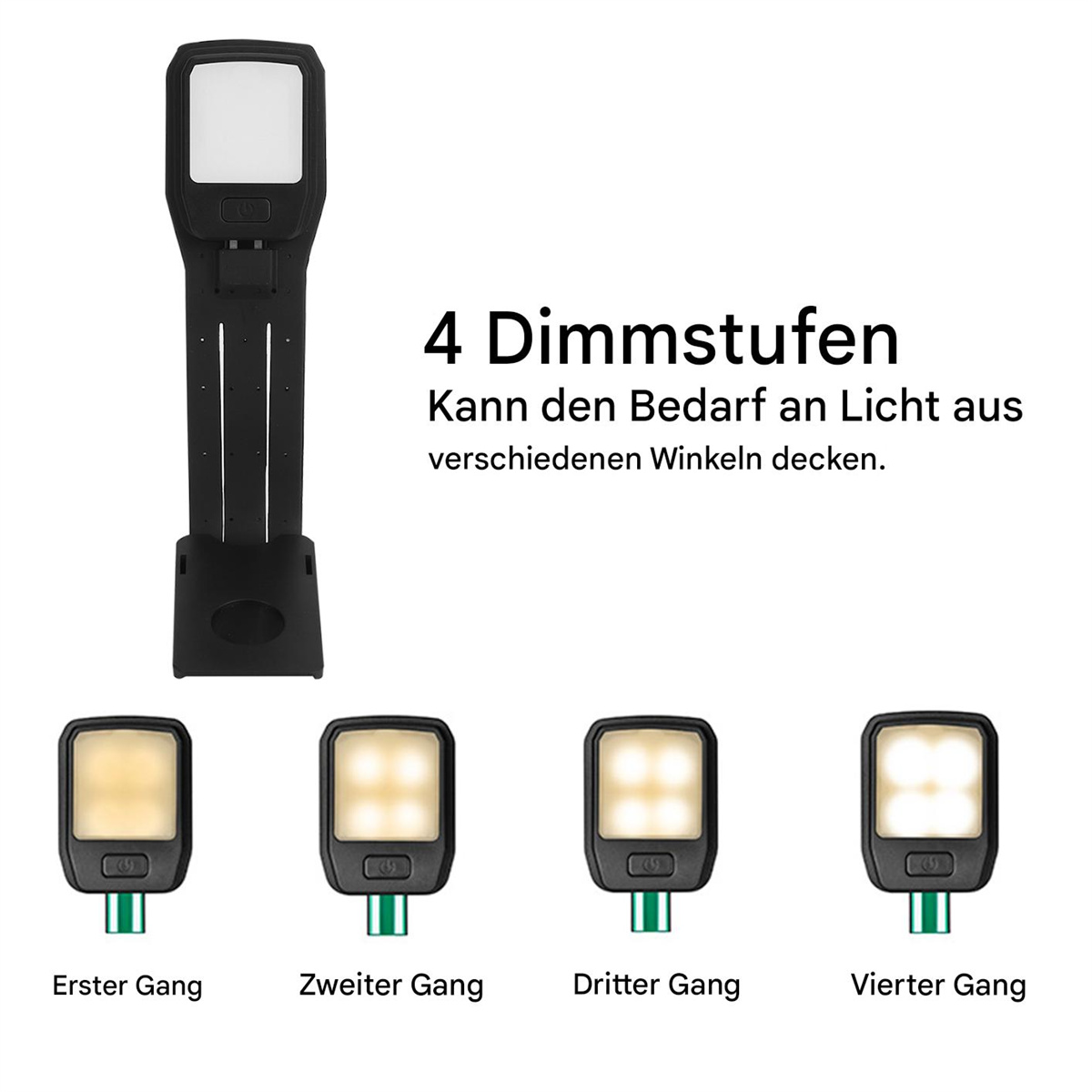 Schwarze Leselampe mit vier Helligkeitsstufen, die verschiedene Lichter zeigt.