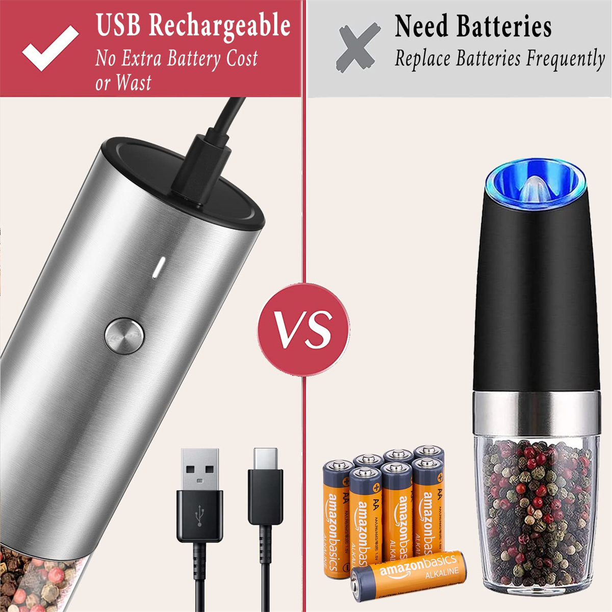Silber-schwarze elektrische Pfeffermühle mit USB-Kabel und Batterien.
