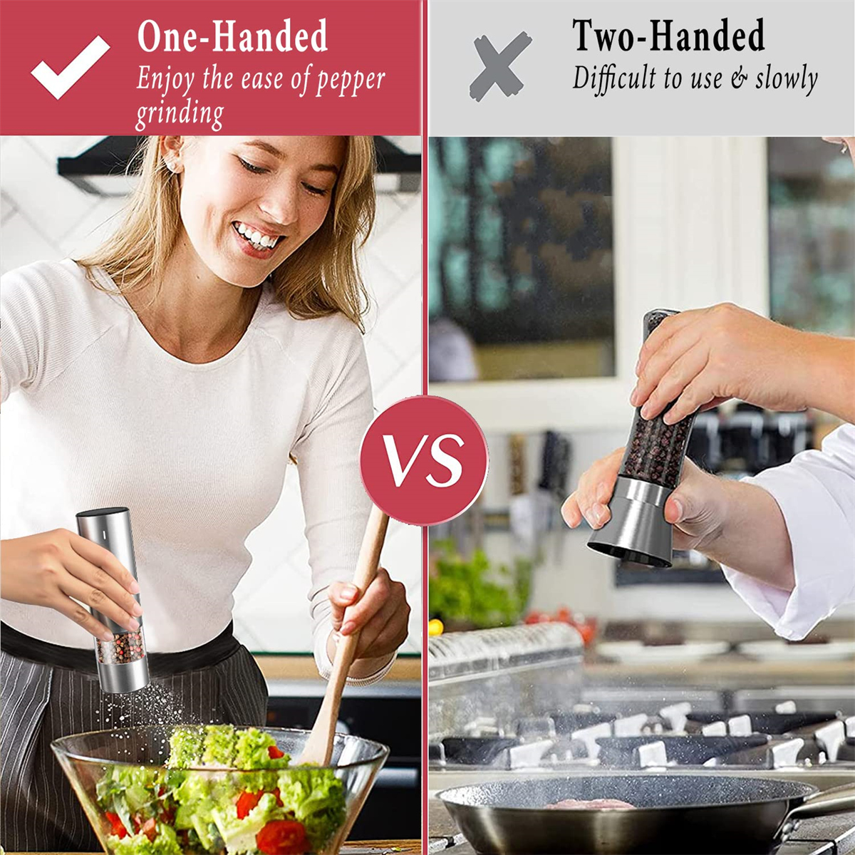 Frau mahlt mit einer Hand Pfeffer, Salatschüssel, vs. Person mahlt mit zwei Händen, in der Küche.