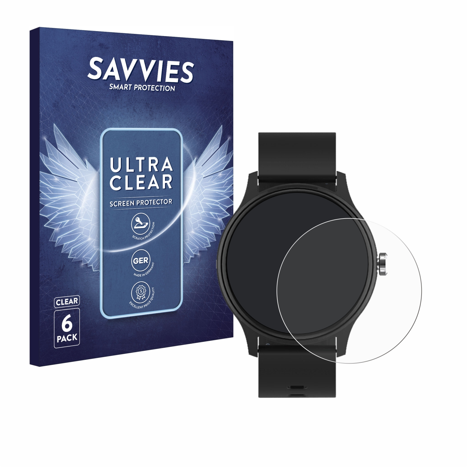Smartwatch und Displayschutzfolienbox, weißer Hintergrund. Die Uhr ist schwarz und rund.