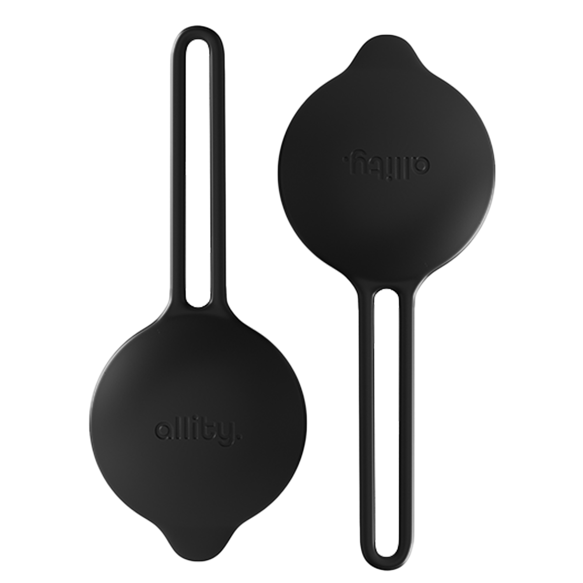 Dwie czarne, okrągłe osłony słuchawek z uchwytami, każda z logo.