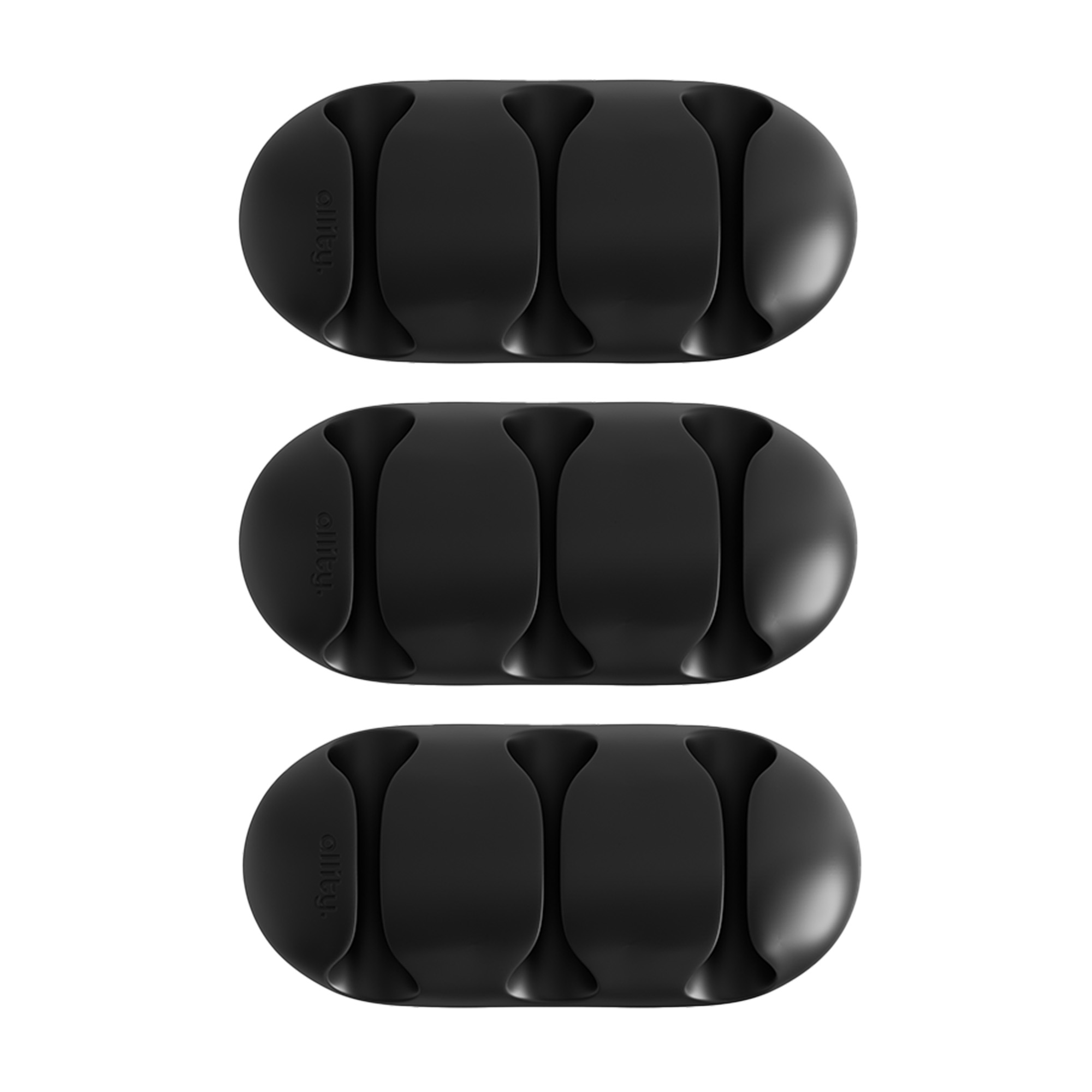 Trzy czarne organizery kabli. Owalny kształt z rowkami. Białe tło.