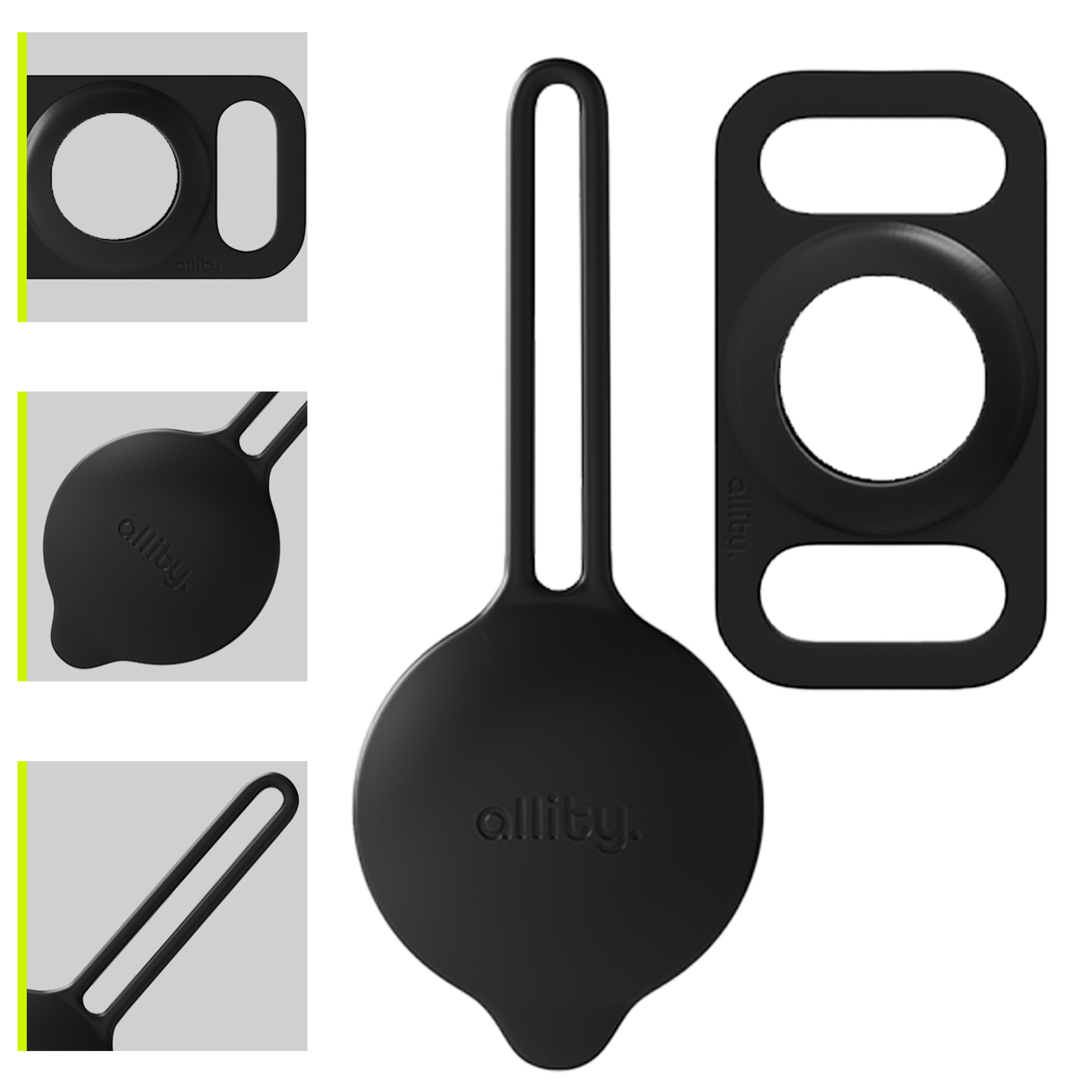 Czarne akcesoria do produktów allity, trzy widoki: nasadka, owalna etykieta i etykieta z pętlą.
