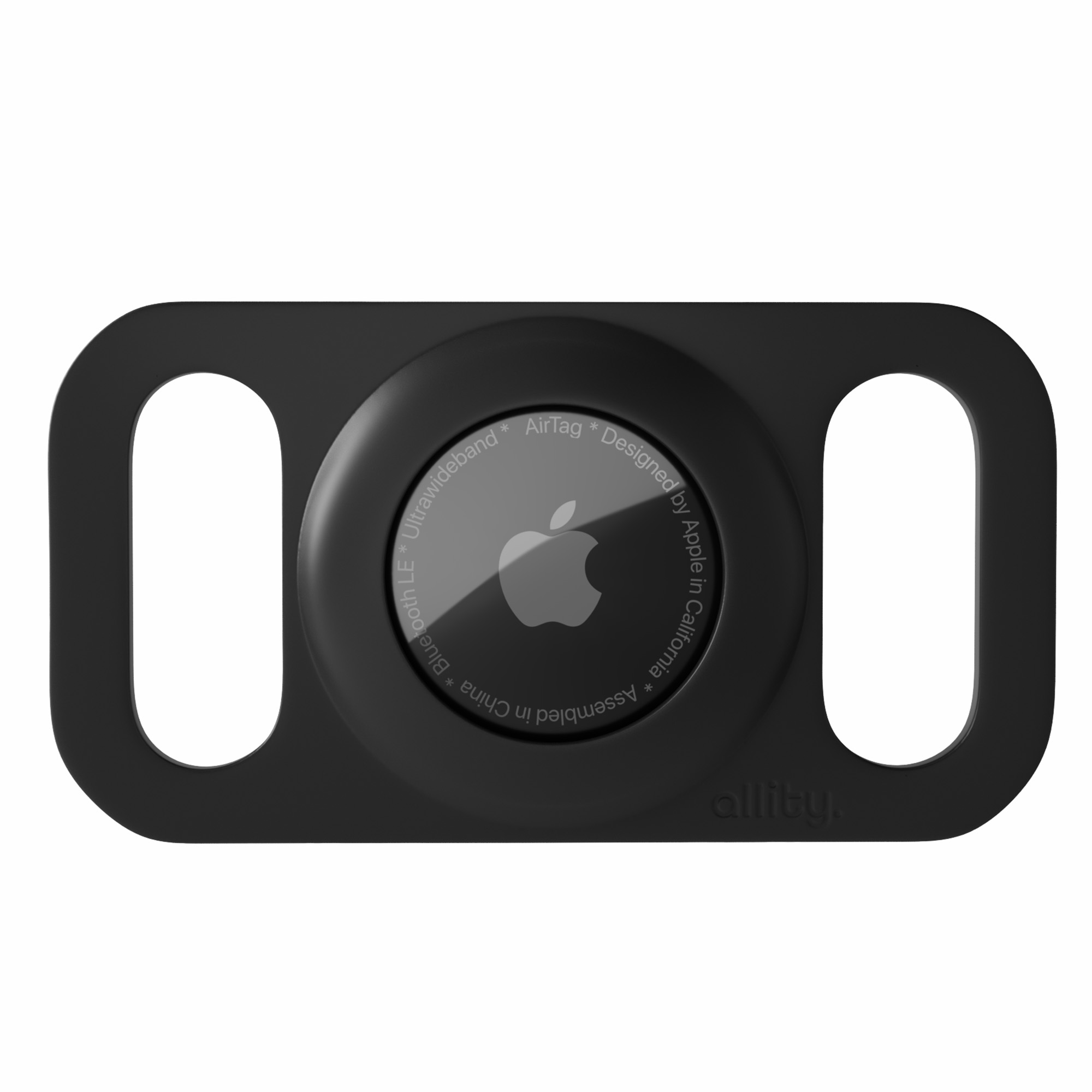 Czarne urządzenie AirTag ze srebrnym logo Apple, zaprojektowane przez Apple w Kalifornii.