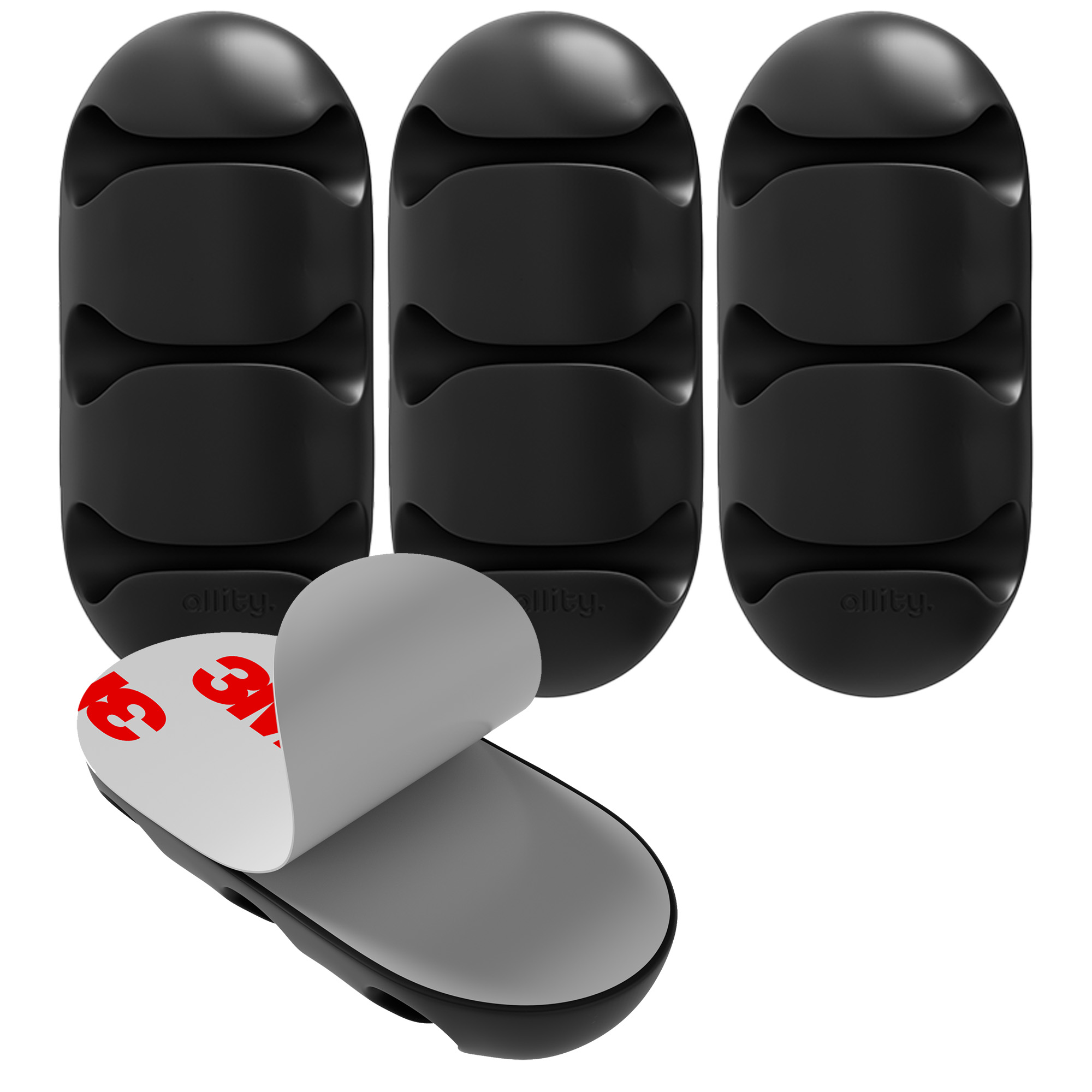 Trzy czarne organizery kabli z samoprzylepnymi plecami, jeden jest odklejany.