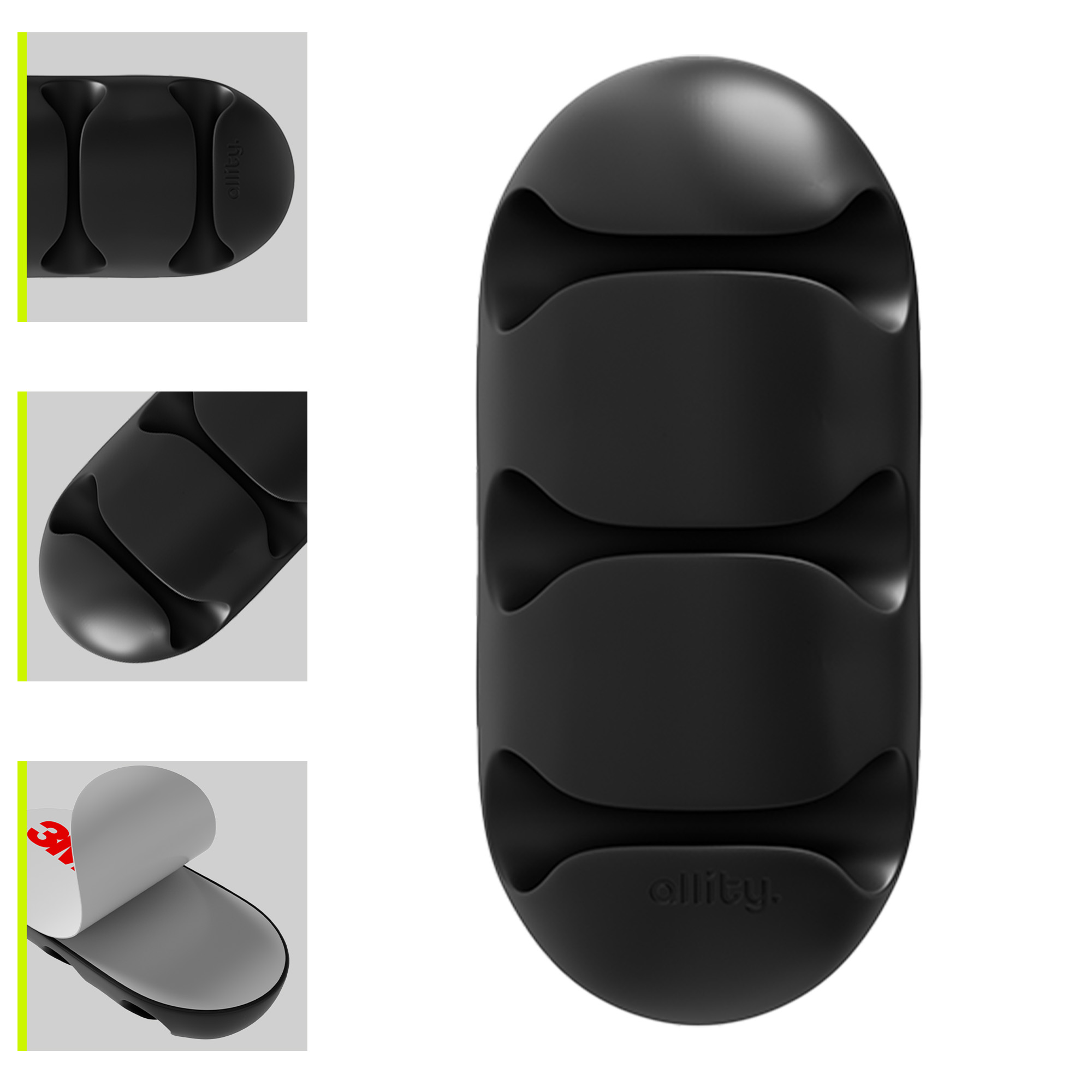 Czarny organizer kabli z trzema otworami. Jest czarny, owalny i ma klej z tyłu.