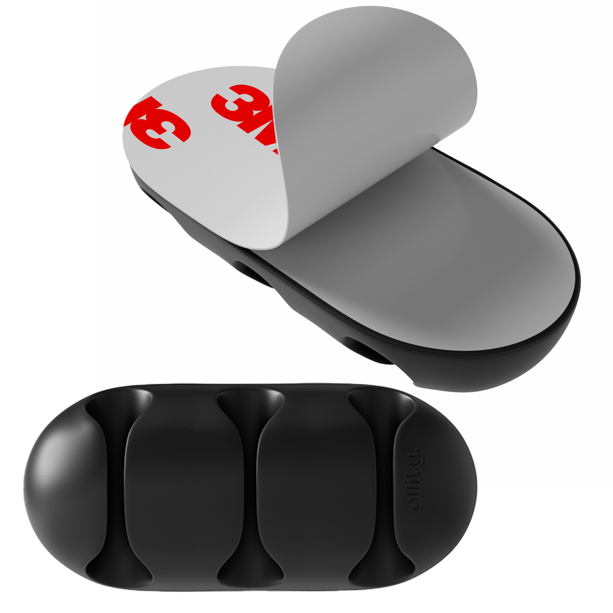 Czarne organizery kabli z klejem z tyłu. Jeden jest otwarty, pokazując klej.